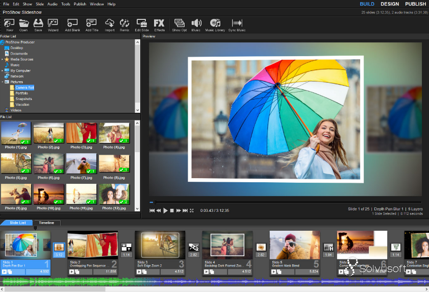 ProShow Producer timeline view for precise editing of slides and audio slideshow